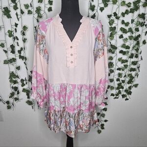 NWT Easel Boho Floral Ruffle Hem A-line Balloon Sleeve V-neck Oversized Blouse